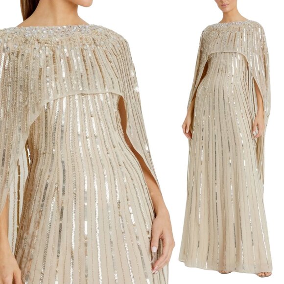 $798 Mac Duggal 93869 Size 10 Champagne Gold Sequin Column Cape Gown Maxi Dress - Picture 1 of 4